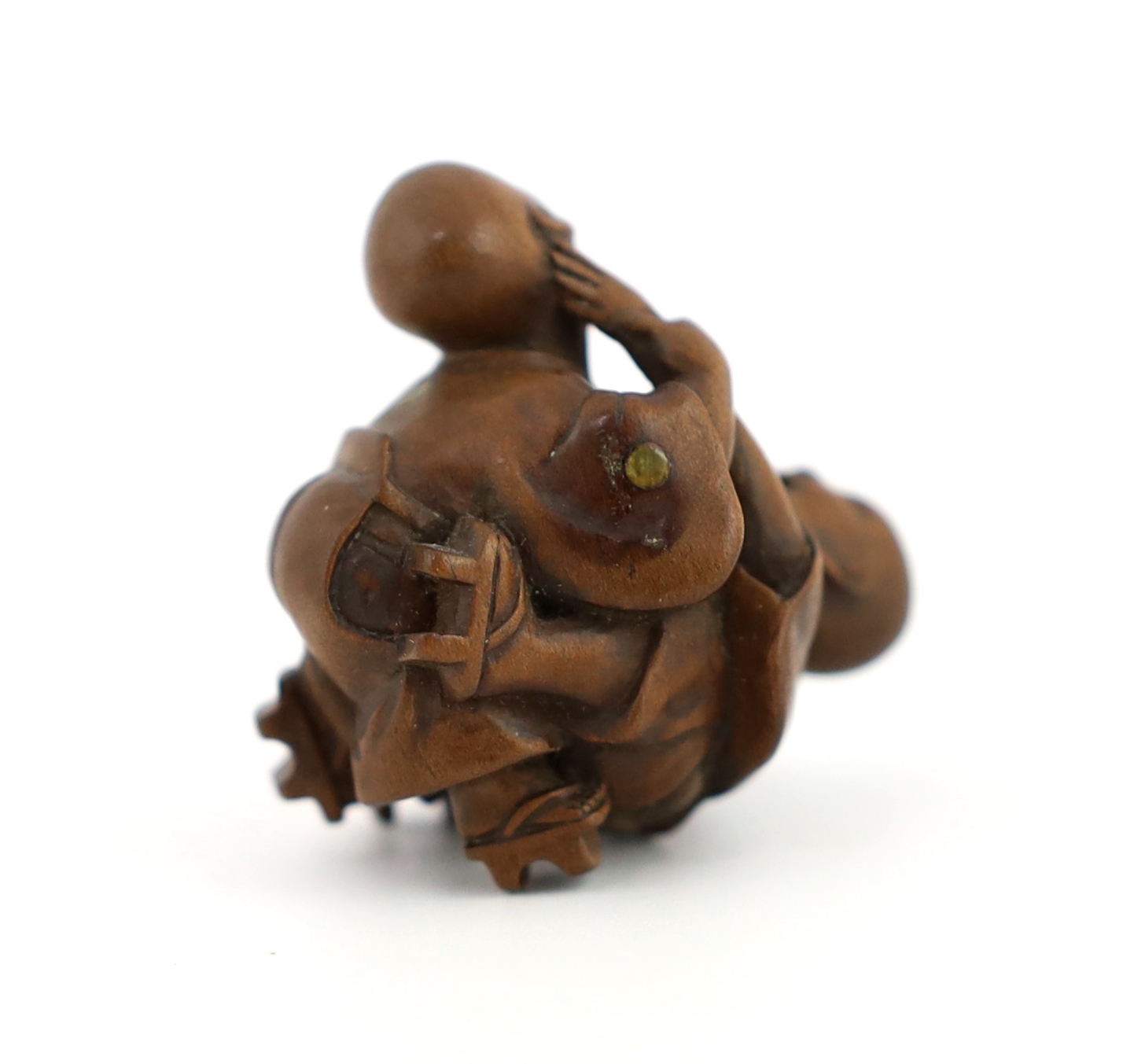 A Tokyo School carved wood netsuke of two boys fighting, 19th century, signed Kakiman